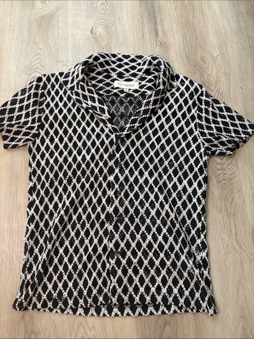San Francisco Work Shirts Geometric Crochet Camp Shirt Small Black White boho